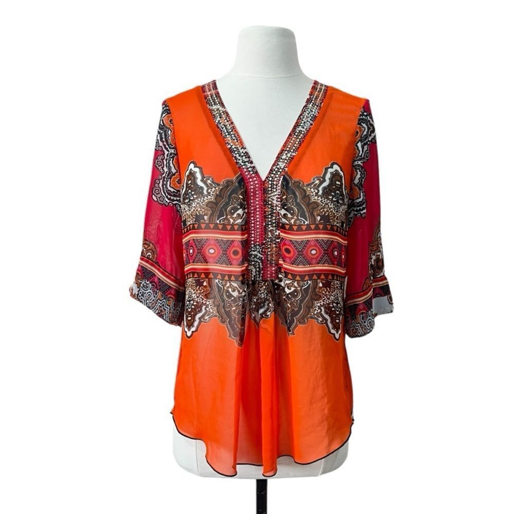Joseph Ribkoff Colorful Sheer Blouse with Multicolored Rhinestones Size 6 - Picture 2 of 15